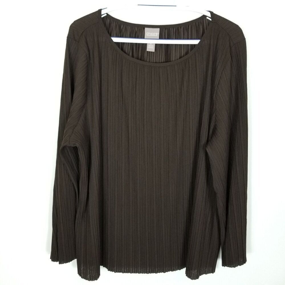 Chico's‎ Women Pleated  Blouse Top size L Brown Long sleeve Travel Comfort